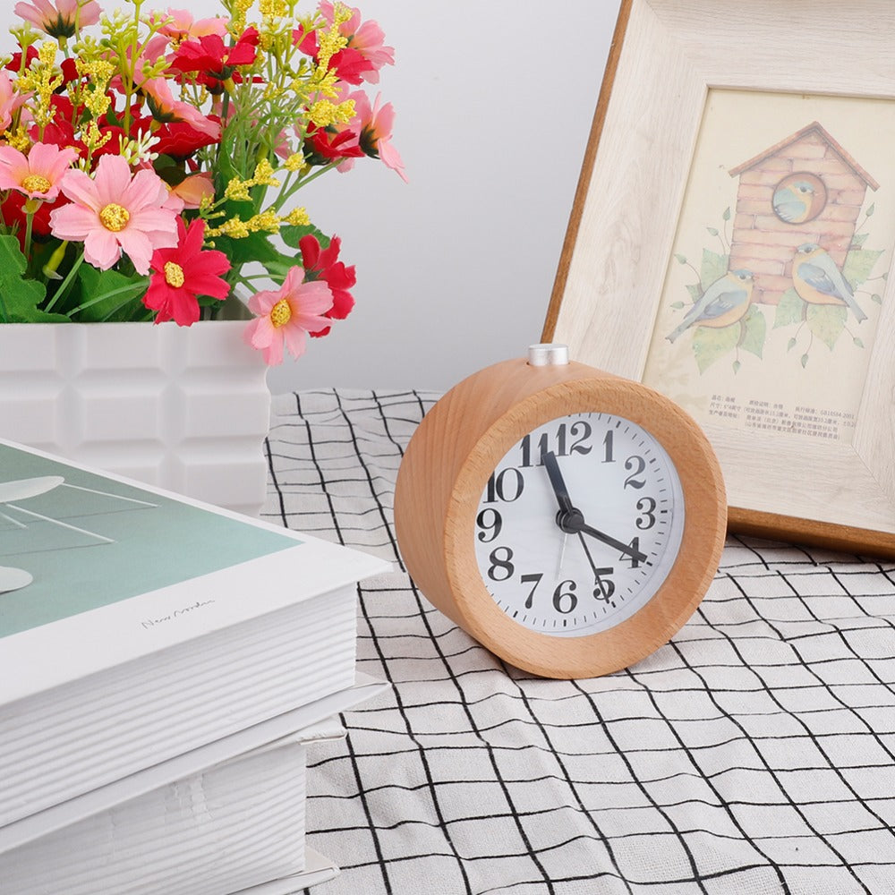 Handmade Classic Small Round Wood Silent Light Desk Alarm Clock With Desk Lamp for Home