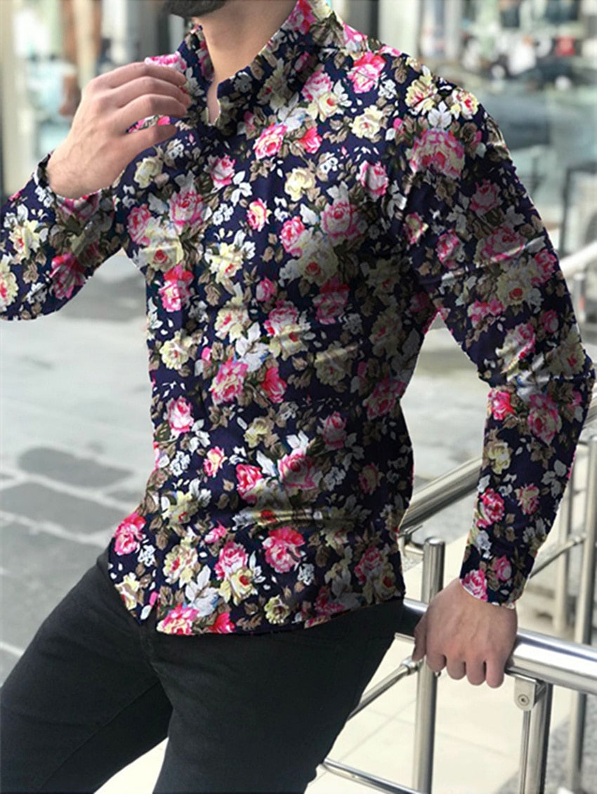 Cotton Floral Casual Men Shirt Long Sleeve Europe Style Slim Fit