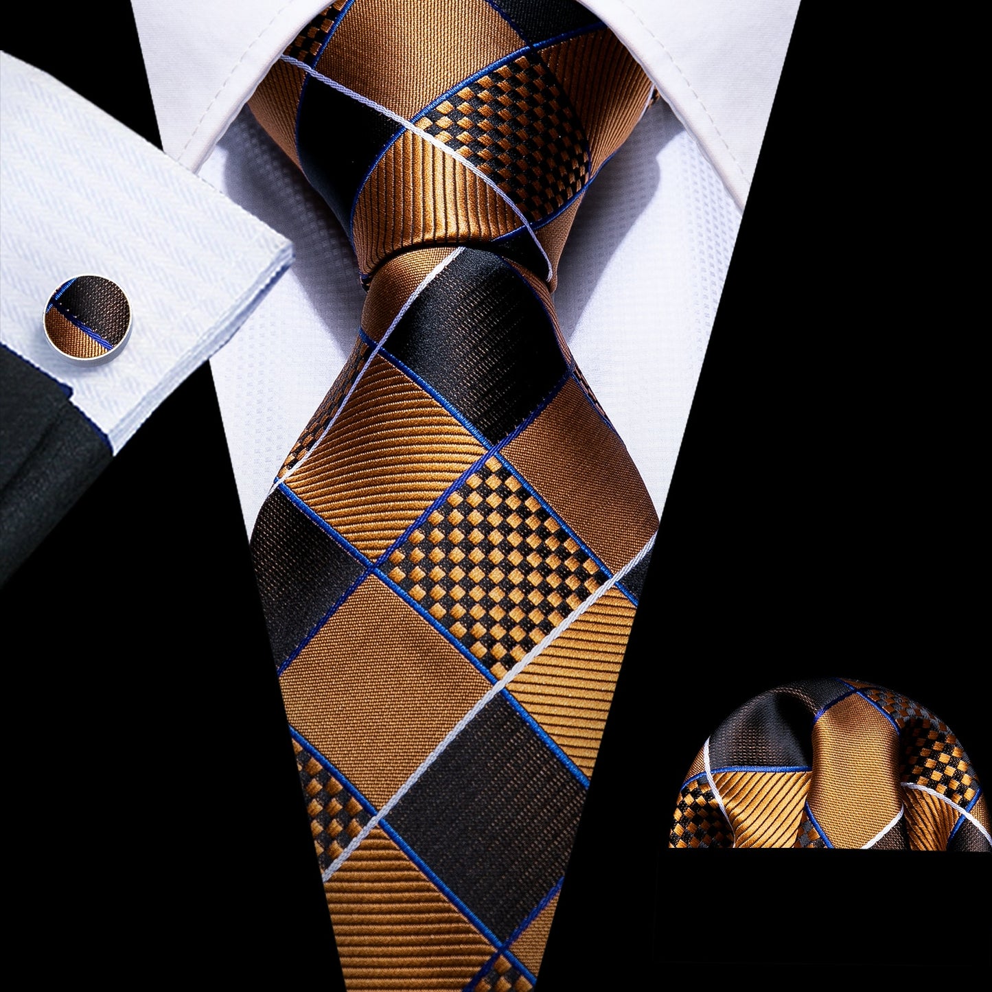Men Tie Gold Navy Striped 100% Silk Tie