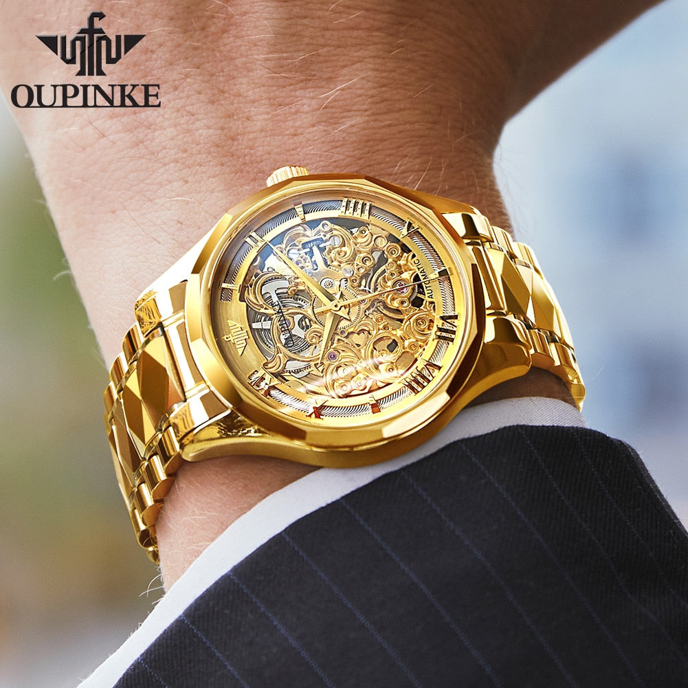 OUPINKE Luxury Men Watches Gold Skeleton Mechanical Watch Men Automatic Sapphire Glass Stainless Steel Wristwatch