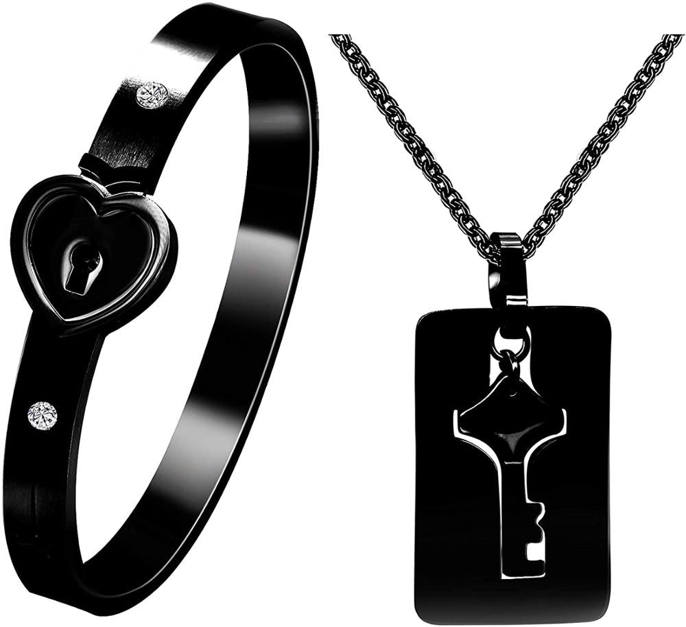 Uloveido Stainless Steel Lock and Key Necklace and Bracelet Matching Jewelry for Men and Women