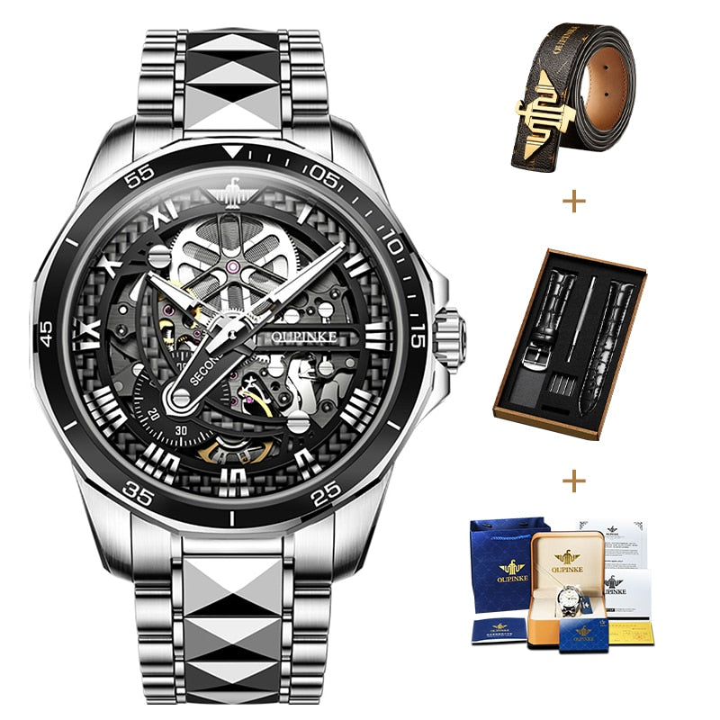 Fashion Leader Brand OUPINKE Luxury Men's Mechanical Wristwatch Automatic Watch Men Skeleton tungsten steel Sapphire Waterproof