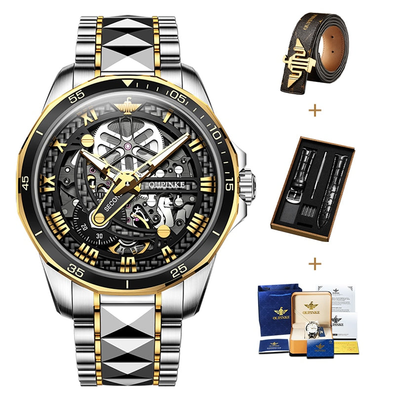 Fashion Leader Brand OUPINKE Luxury Men's Mechanical Wristwatch Automatic Watch Men Skeleton tungsten steel Sapphire Waterproof