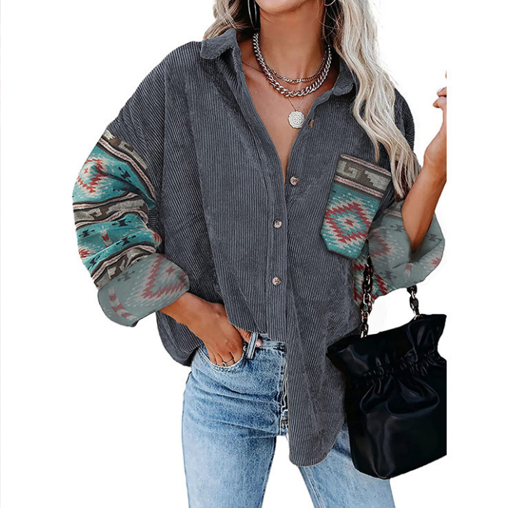 Fashion Women's Coat Lapel Loose Print Shirt