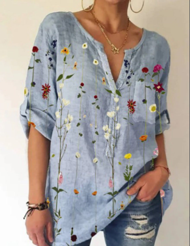 European And American Loose Print V-neck Long-sleeved Shirt