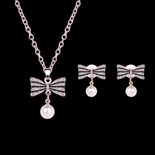 Fashion All-match Luxury Bow Full Diamond Necklace Earrings Jewelry Set