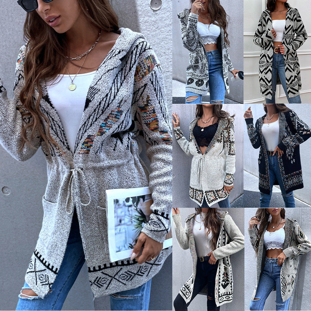 Ladies Hooded Long Sleeve Jacket Retro Ethnic Cardigan