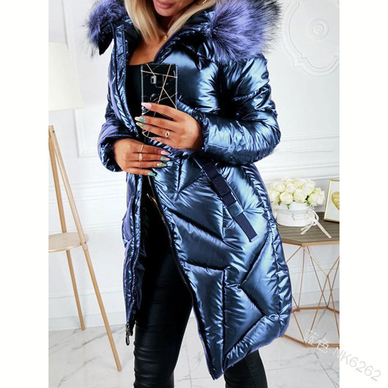 Glossy PU Big Fur Collar Slim Mid-length Long-sleeved Zipper Fashion Warm Cotton Jacket Women