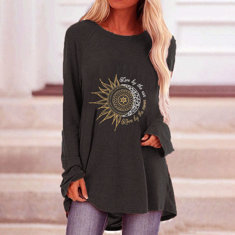 Women's Loose Round Neck Sun Flower Letter Printing Long-Sleeved T-Shirt