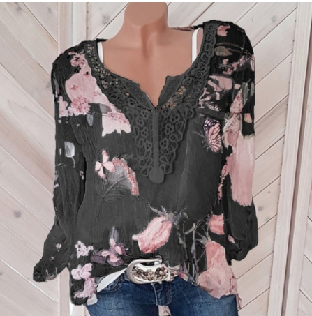 European And American Long-sleeved Printed Shirt V-neck Lace Chiffon Shirt