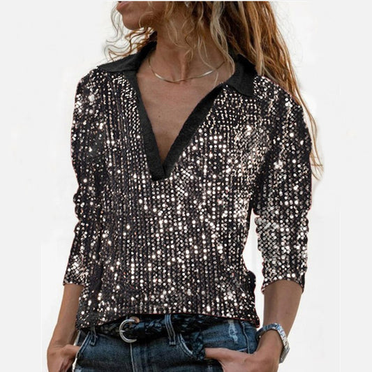 Women's Fashion Gorgeous Sequins V Neck Slim Long Sleeve Casual Top Women