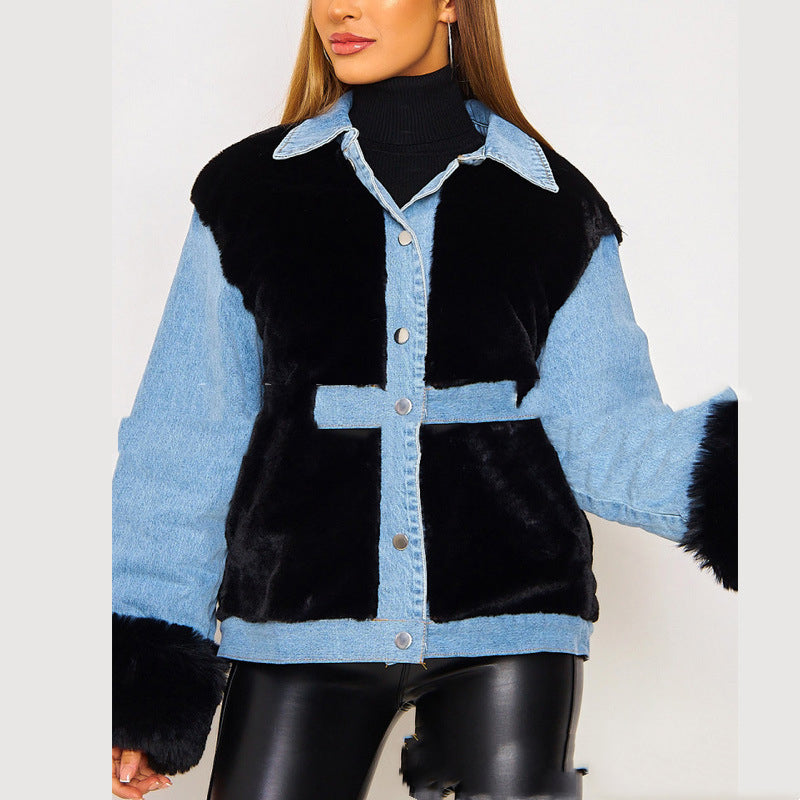 Plush Denim Stitching Warm Jacket Autumn And Winter