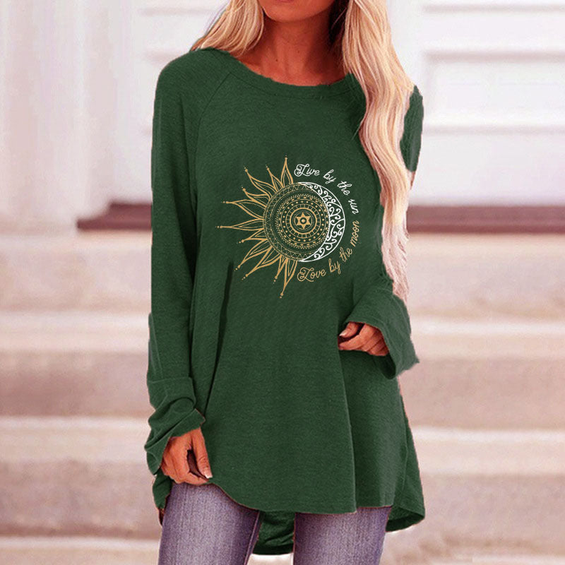 Women's Loose Round Neck Sun Flower Letter Printing Long-Sleeved T-Shirt