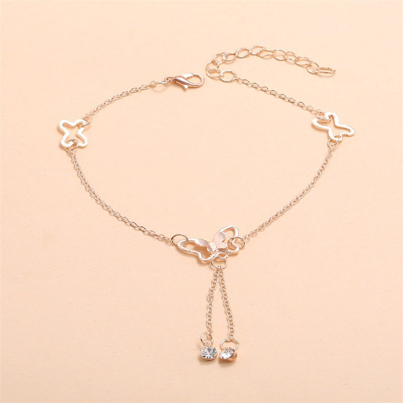 Temperament Butterfly Double Diamond Tassel Rose Gold Anklet