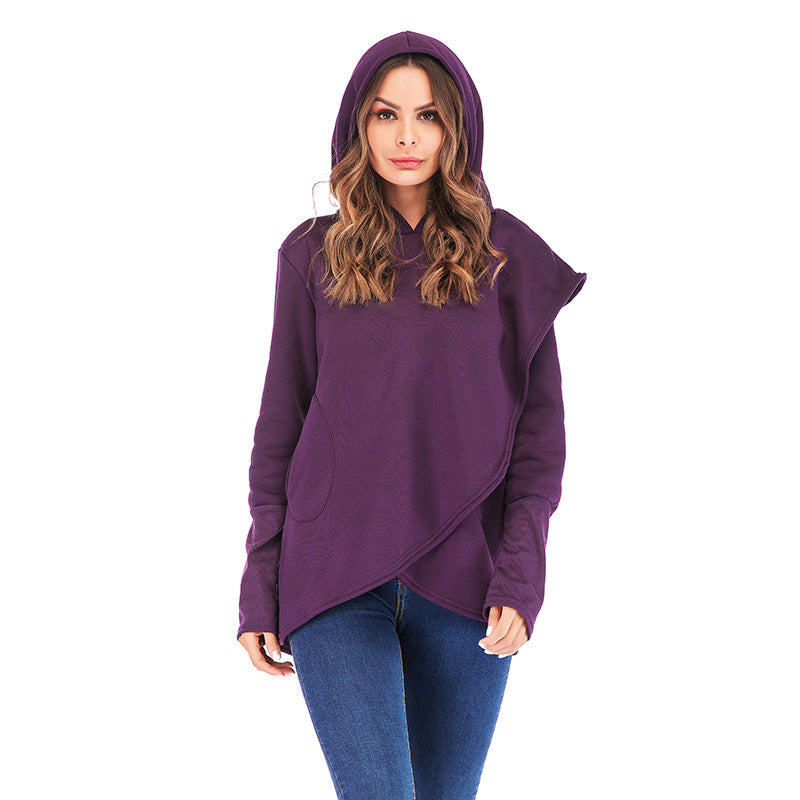 Long-Sleeved Fleece Women's Blouse New Solid Color Irregular Hooded Sweater