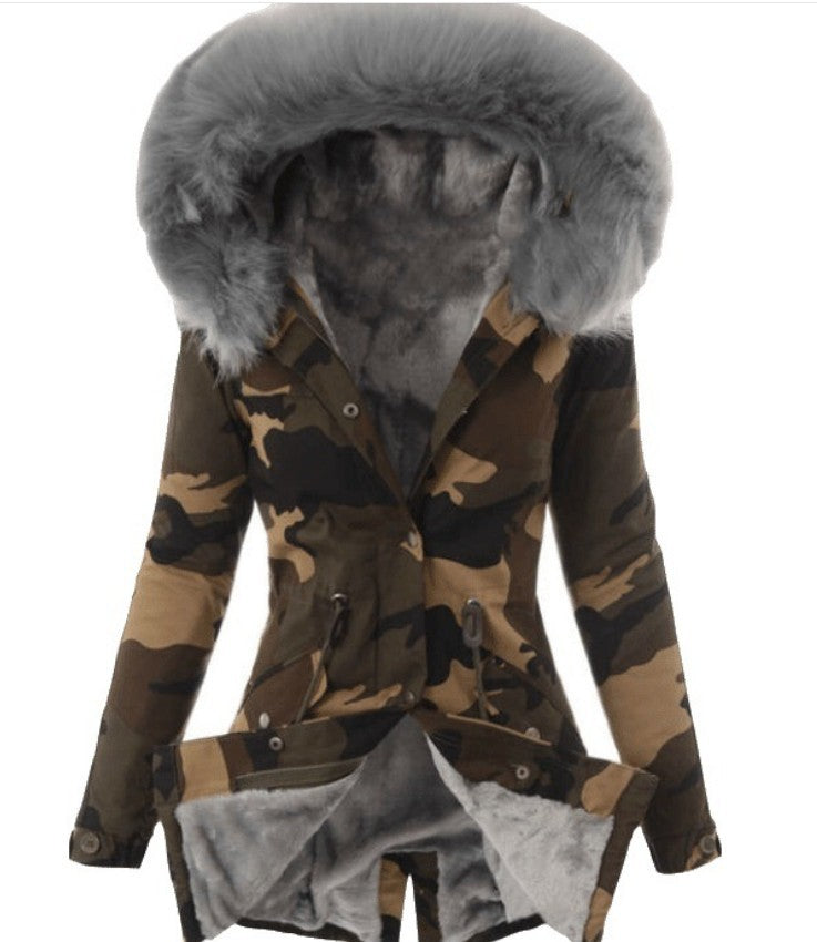 Explosion Style Hot Sale Ladies Fur Collar Drawstring Camouflage Printing