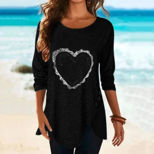 Irregular Long-sleeved Button T-shirt With Love Print