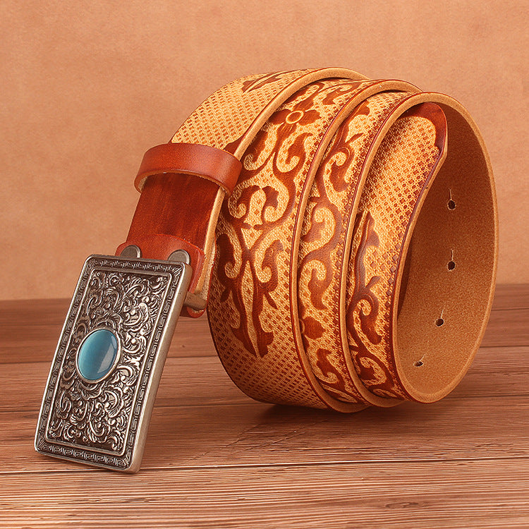 Ethnic Style Carved Leather Belt Head Layer Cowhide Personality Smooth Buckle