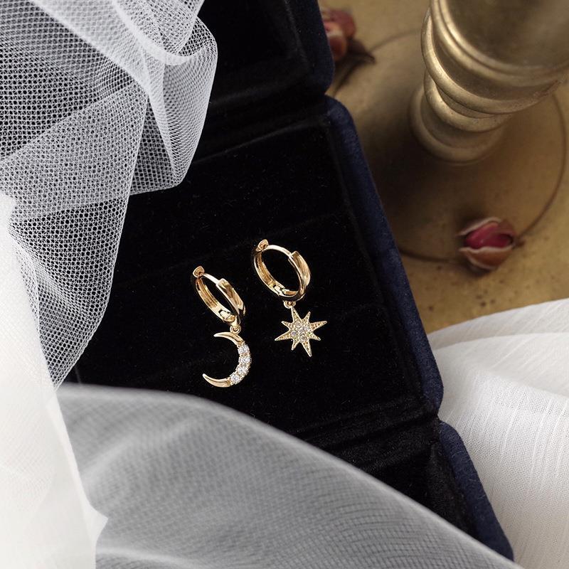 Six-pointed Star Moon Diamond Earrings Personality Niche Creative Versatile