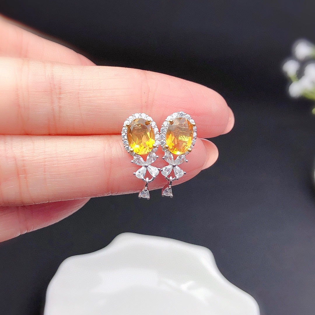 Natural Citrine Stud Earrings Women's Crystals Fully Purified Fire Explosion