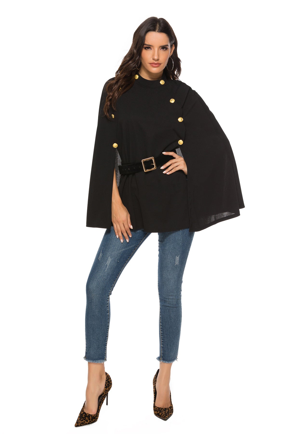 Fashion Hot Sale British Stand Collar Buttoned Sleeveless Big Swing Cloak Cape