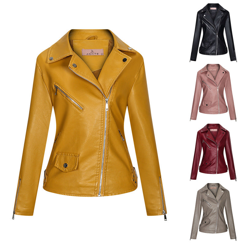 Temperament Women's Jacket PU Lapel Zipper Slim