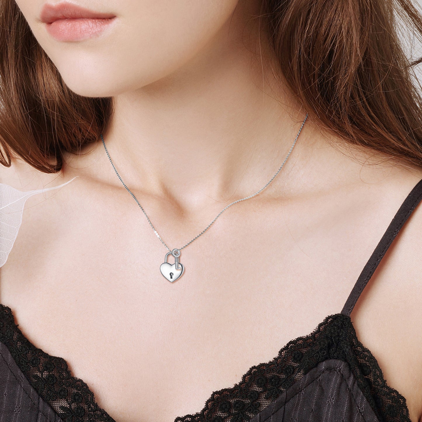 Heart Lock 925 Sterling Silver  Key Pendant Padlock Necklace For Womens Teens Lover Egirls