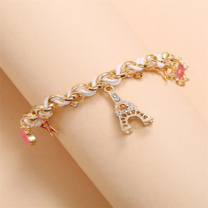 Temperament Fashion Iron Tower Stars Flowers Playing Cards Female Leather Rope Bracelets