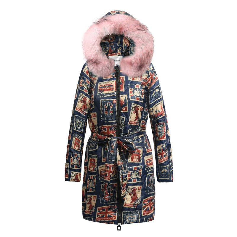 Long Plus Size Printing Retro Hooded Padded Jacket