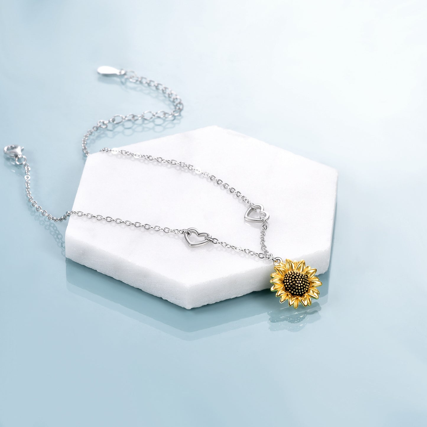 Sterling Silver Two-tone Sunflower Anklet Double Heart Rolo Chain