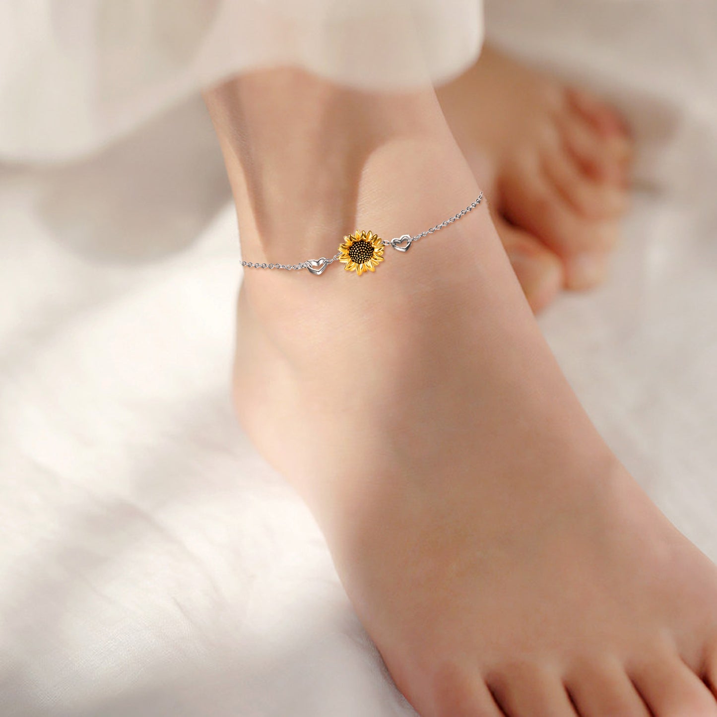 Sterling Silver Two-tone Sunflower Anklet Double Heart Rolo Chain