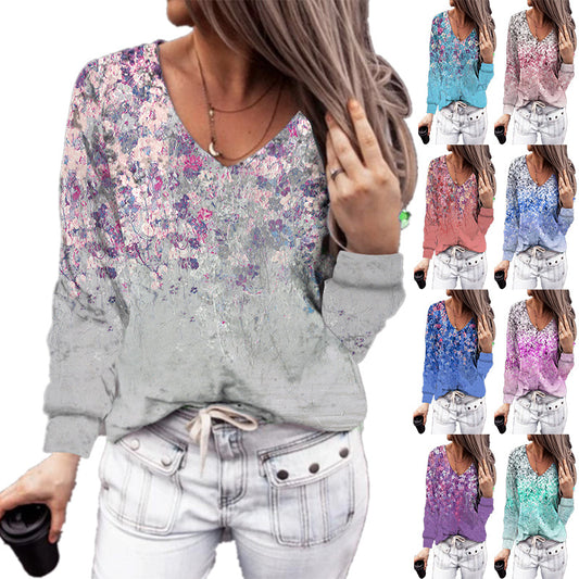 Fashion Temperament Gentle New Ladies Printed V-neck Long Sleeve T-Shirt