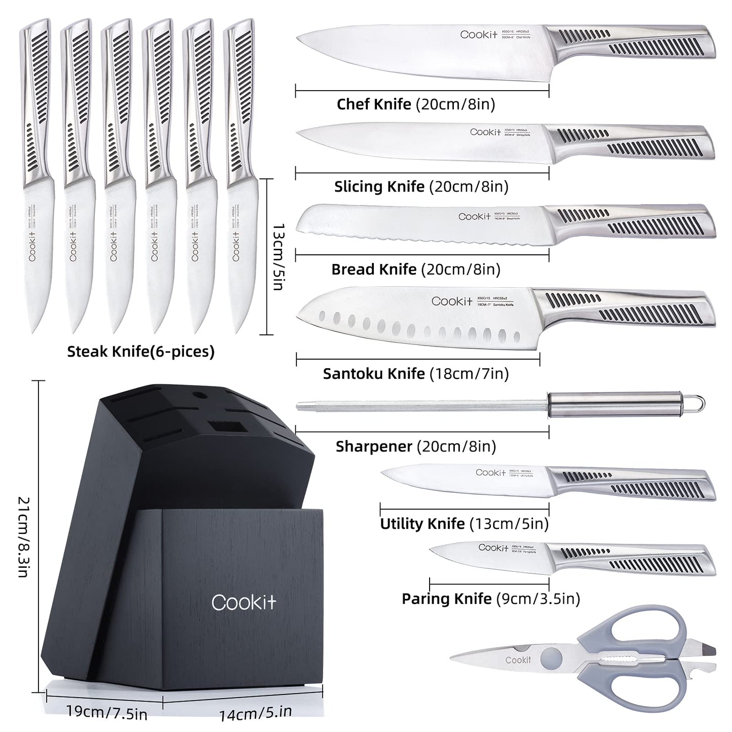 Kitchen Knife Set, 15 Piece Knife Sets with Block, Non-Slip German Stainless Steel with Multifunctional Scissors Knife Sharpener