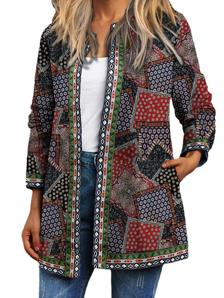 Vintage Ethnic Ladies Print Long Sleeve Jacket