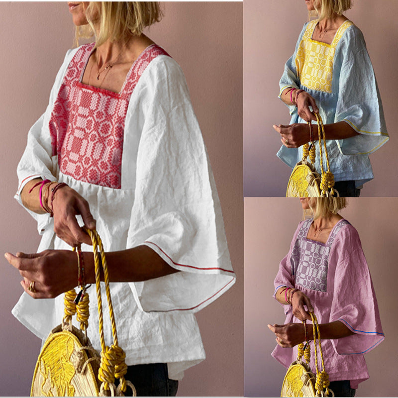 Top With Cotton And Linen Printing Five-quarter Sleeves Loose And Fashionable