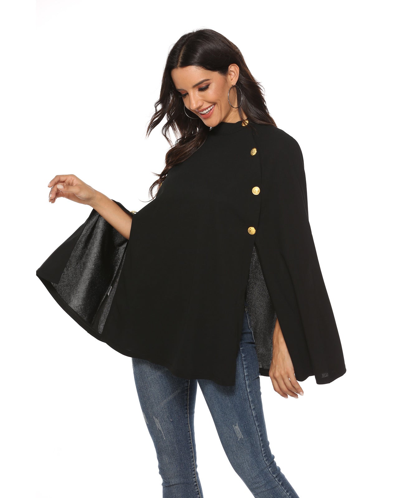 Fashion Hot Sale British Stand Collar Buttoned Sleeveless Big Swing Cloak Cape