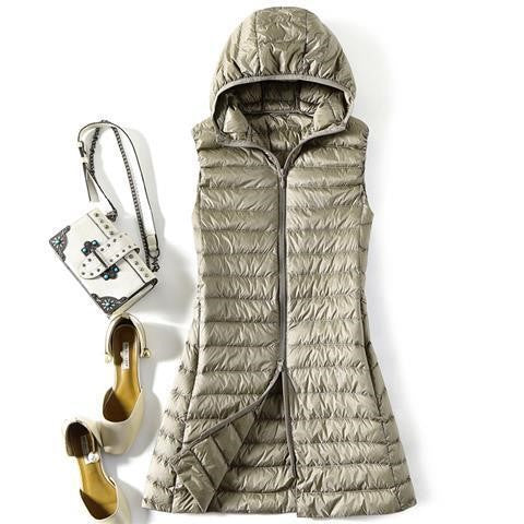 Hooded Down Vest Women's Sports Lightweight Mid-length Waistcoat Down Jacket