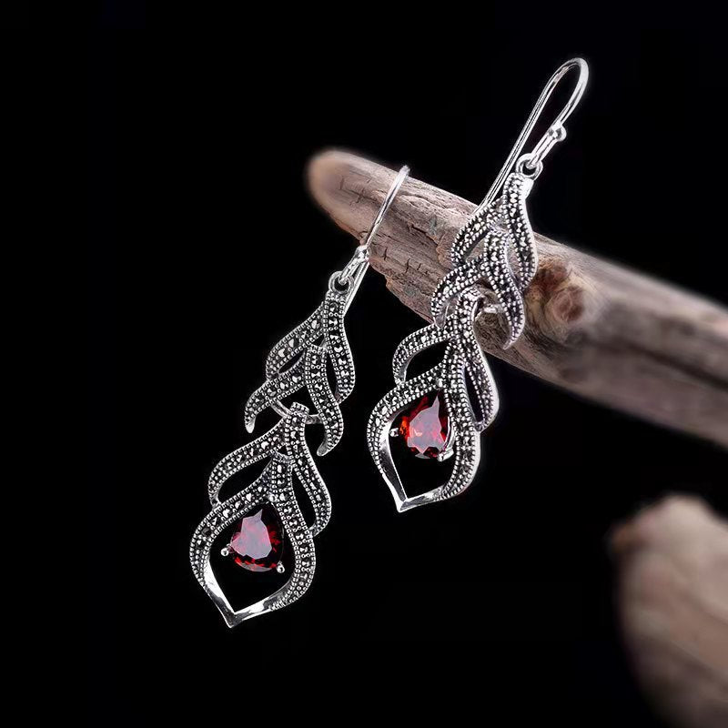 Ruby Drop Feather Long Female Earring Pendant