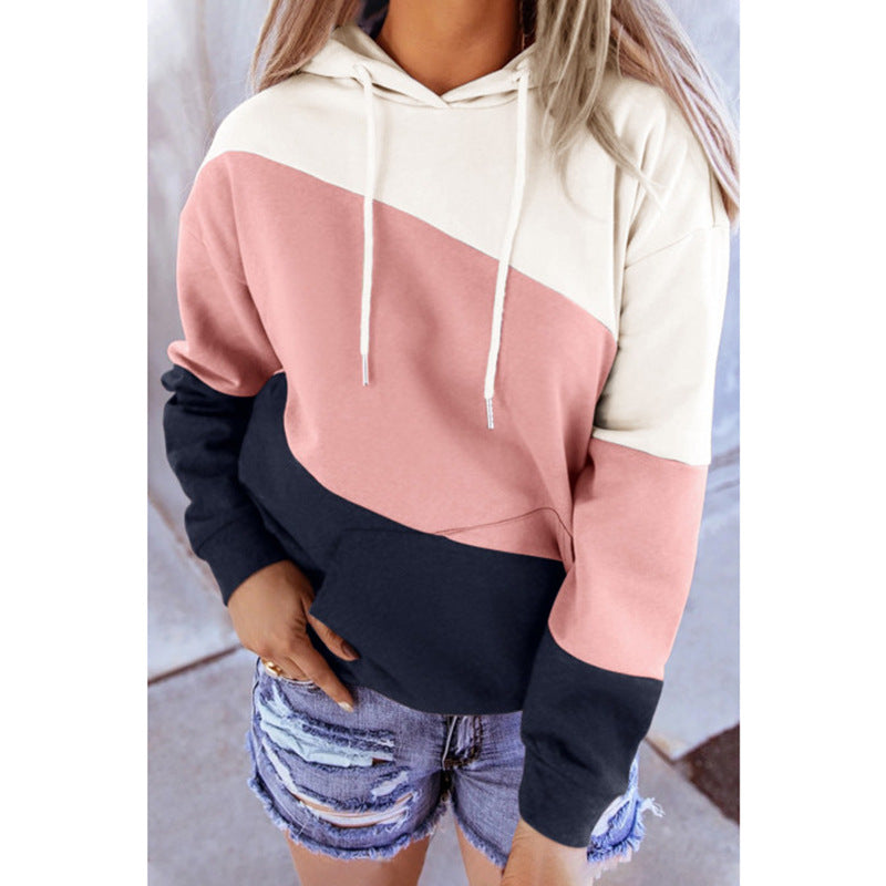 New Women's Long-sleeved Stitching Hooded Printed Sweater