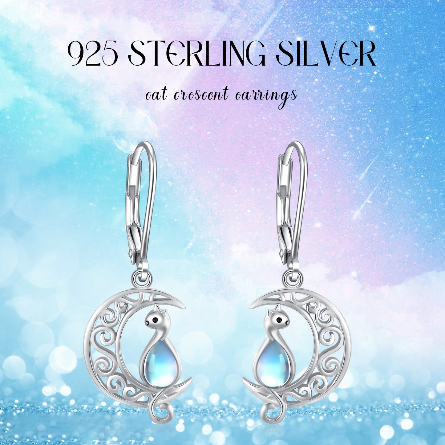 Moon Cat Earrings for Women Hypoallergenic 925 Sterling Silver Crescent Cat Drop Dangle Earrings Moon Cat Hook Earrings for Mom