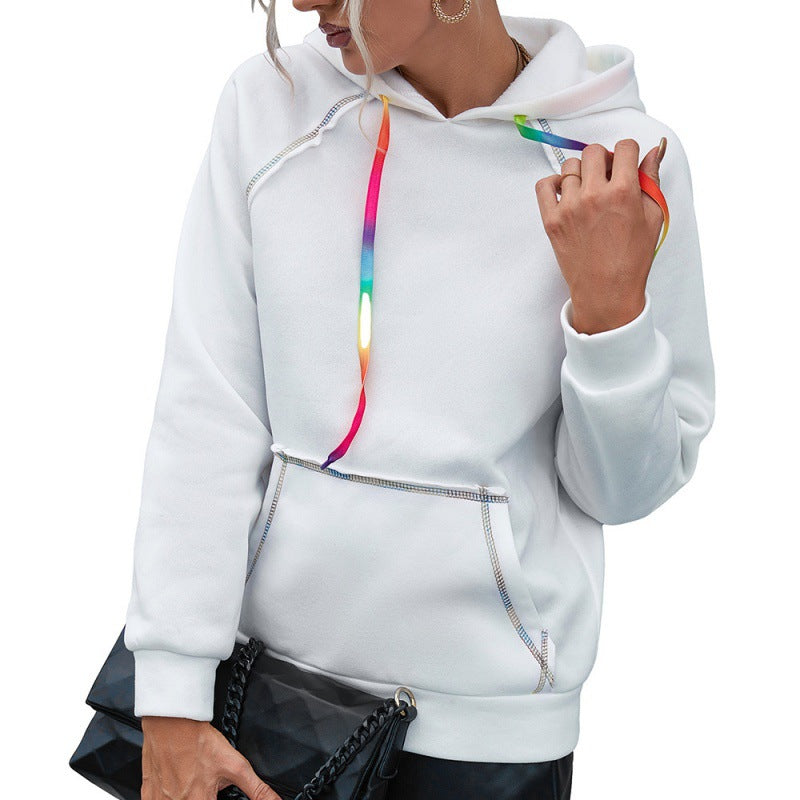 Loose Casual Hooded Sweater Rainbow Ribbon Color Block Jacket  Top