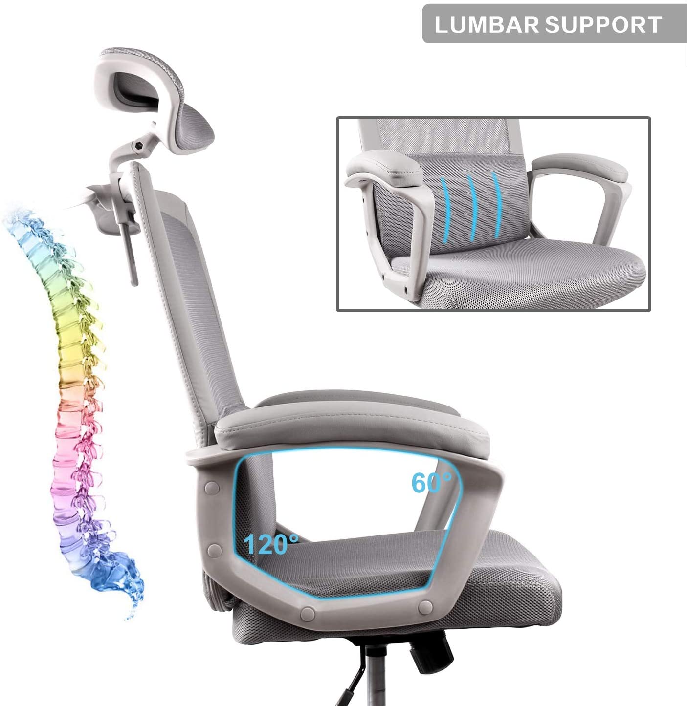 High Back Ergonomic Mesh Desk Office Chair with Padding Armrest and Adjustable Headrest