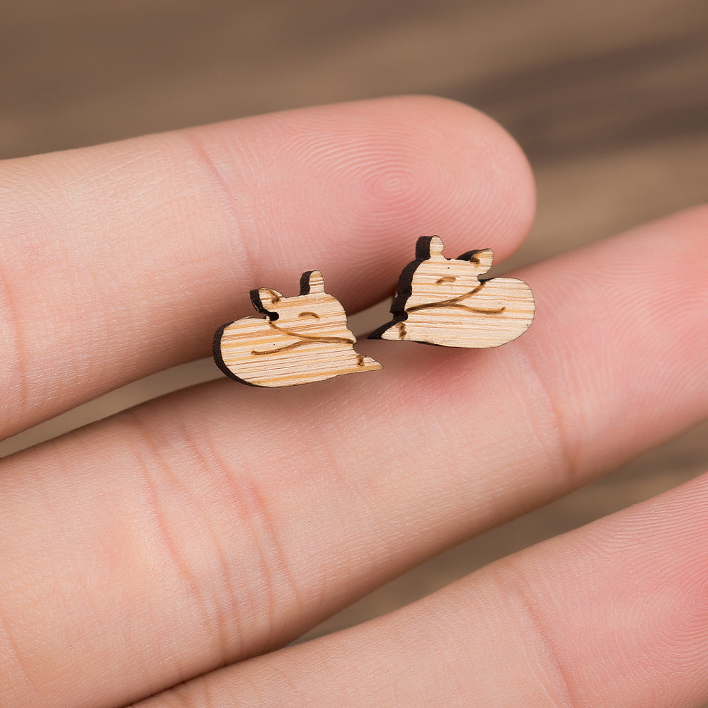 New Cute Sweet Fox Wooden Stud Earrings