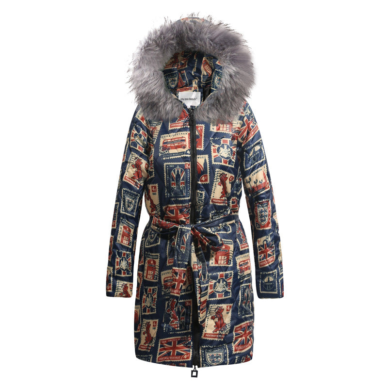 Long Plus Size Printing Retro Hooded Padded Jacket