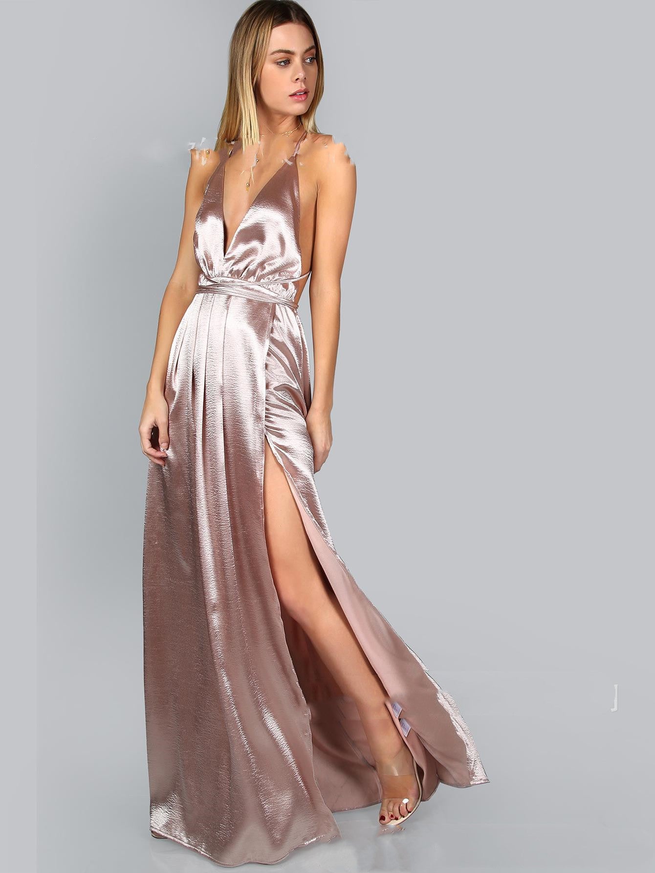 Pure Color Satin Dress Harness Backless Split Long Dress