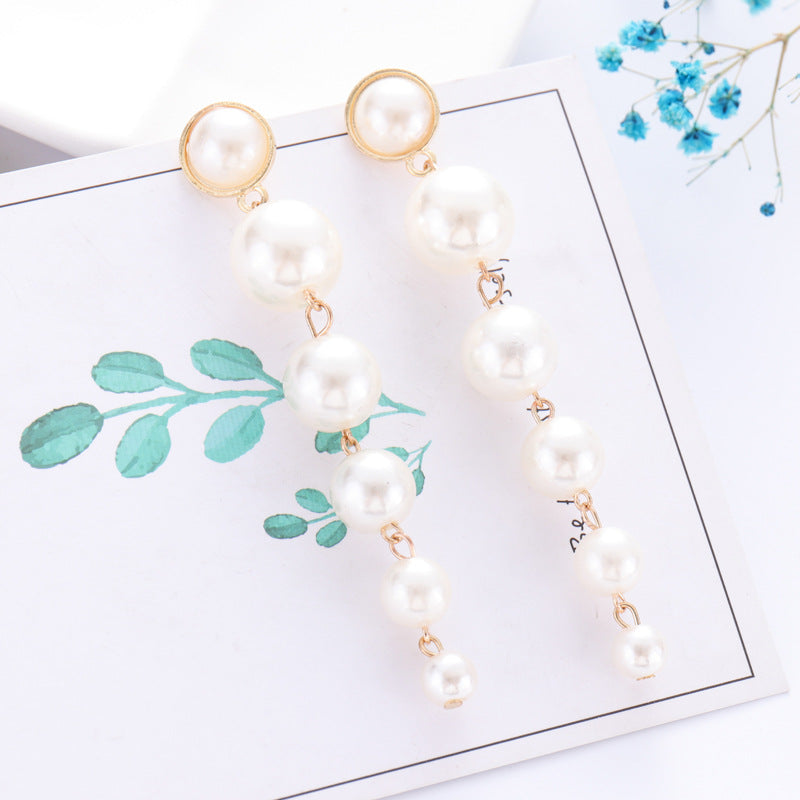 Personalized Simple Size Pearl Long Tassel Earrings Korean Wild Earrings