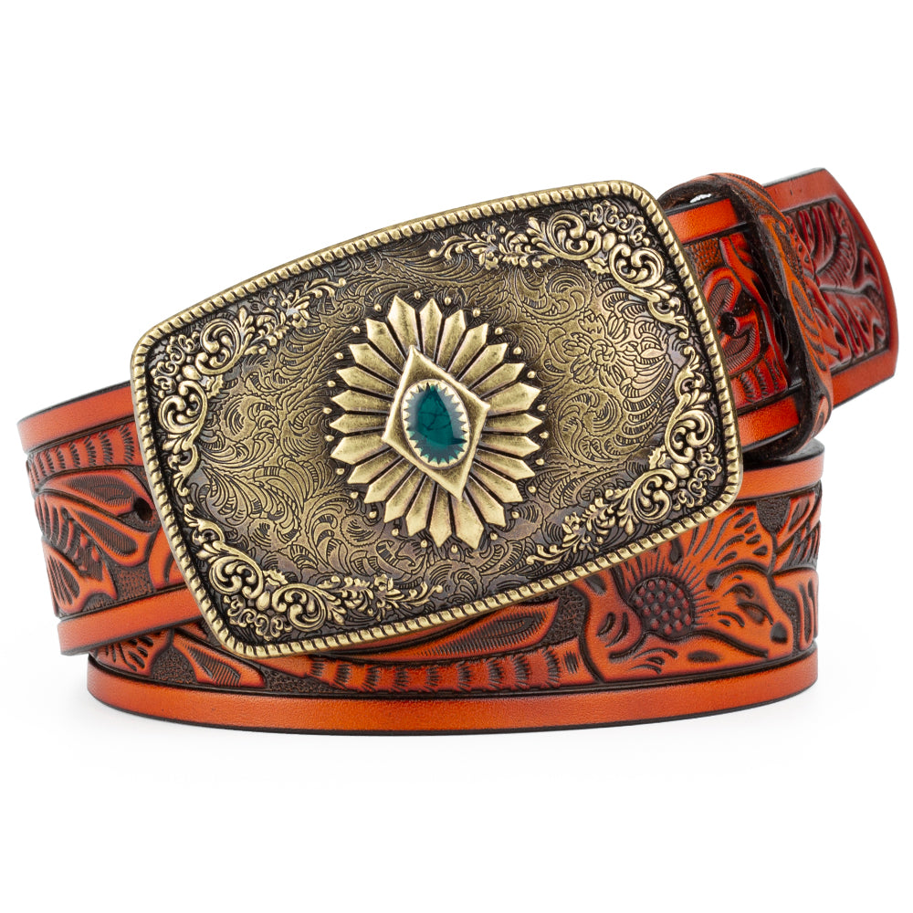 Bronze Pattern Buttoned Tang Grass Embossed Leather Belt