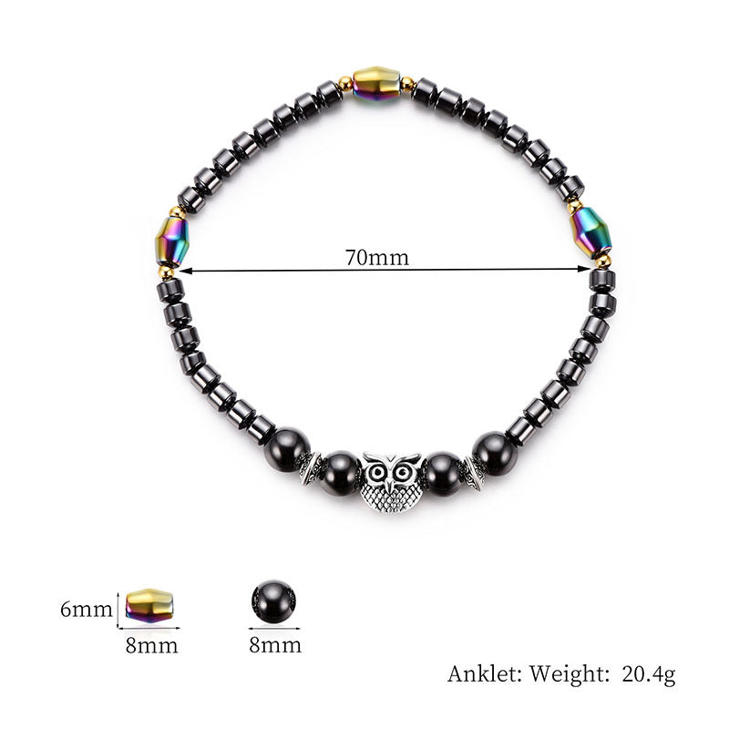Magnetic Hematite Electroplated AB Color Round Bead Owl Anklet