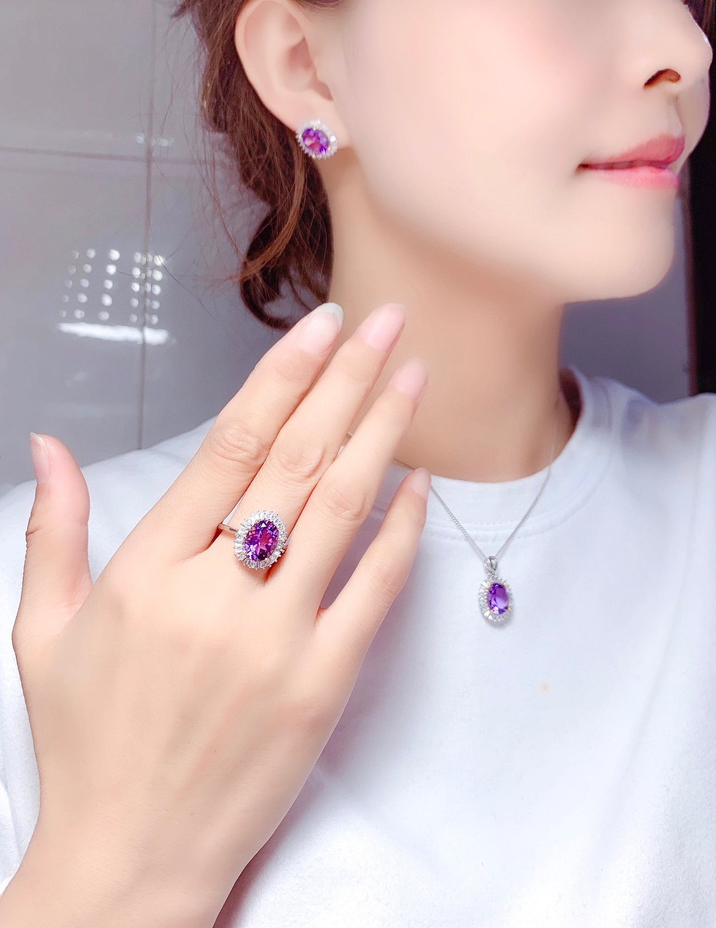 Natural Amethyst Ring Pendant Earring Set