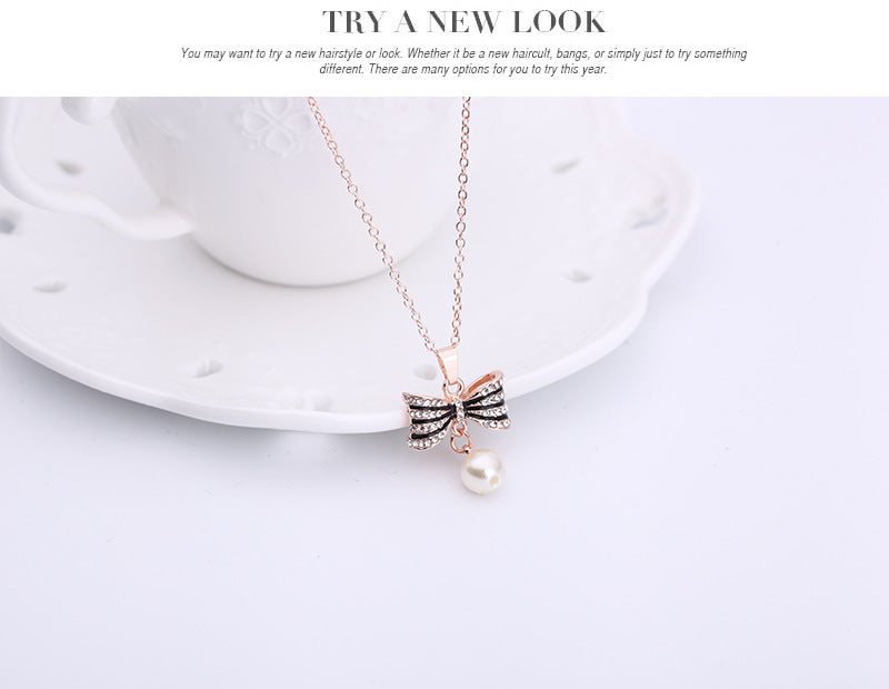 Fashion All-match Luxury Bow Full Diamond Necklace Earrings Jewelry Set